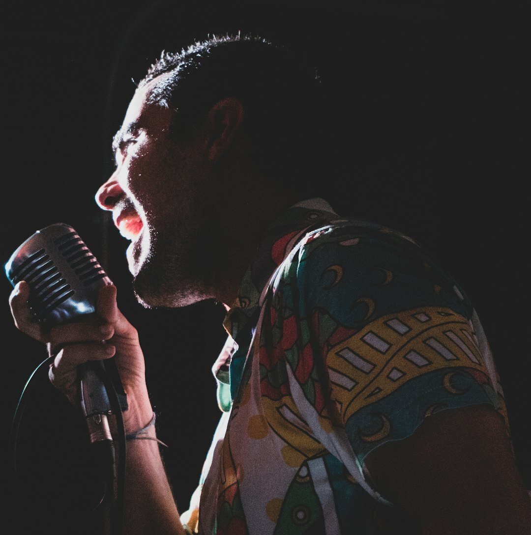 Male musician holding a microphone on stage